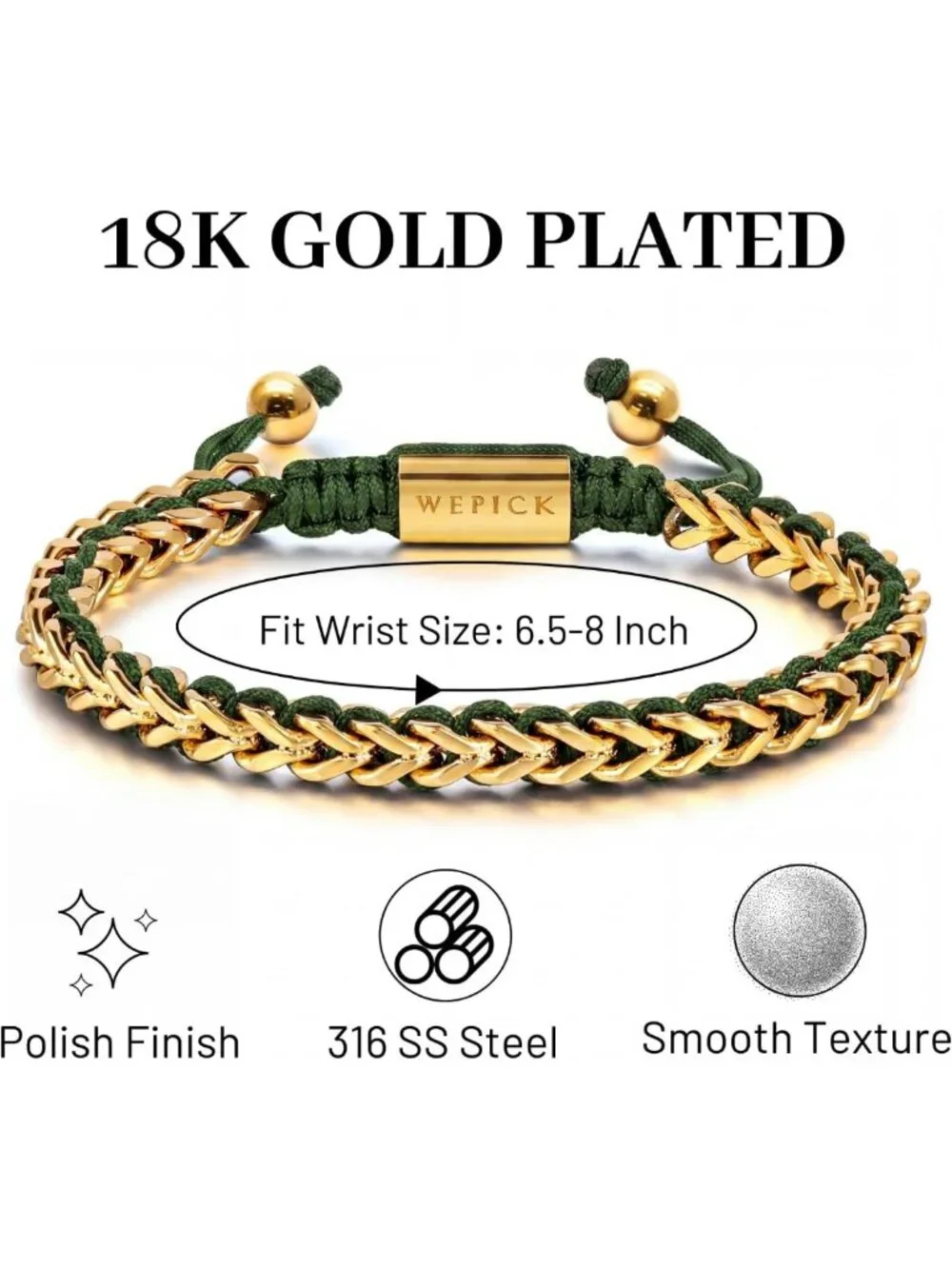 Men's Adjustable Franco Link Chain Bracelet - 18K Gold-Plated Fashion Jewelry